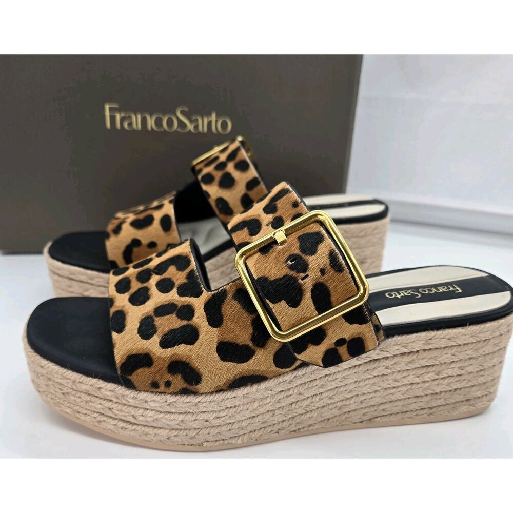 Franco Sarto Leather Espadrille Platform Sandal Satiana 7.5 Cow Hair Leopard NEW